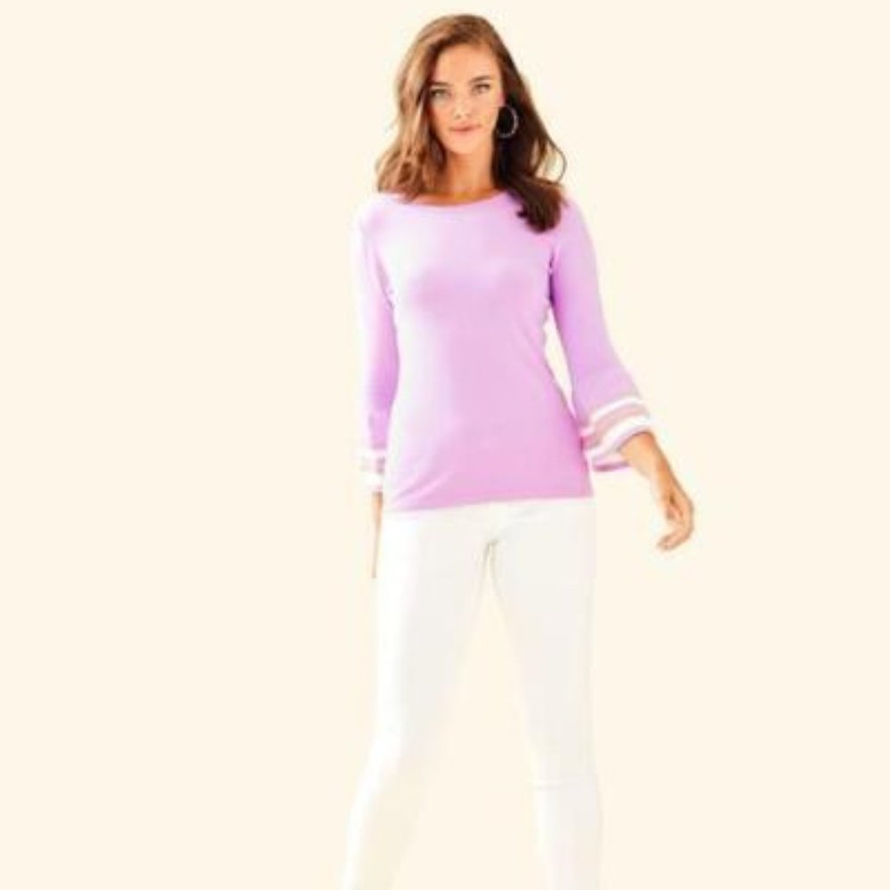 Lilly Pulitzer Callee Sweater Lilac Fressia Purple Pullover Gold White Buttons L - Picture 2 of 16